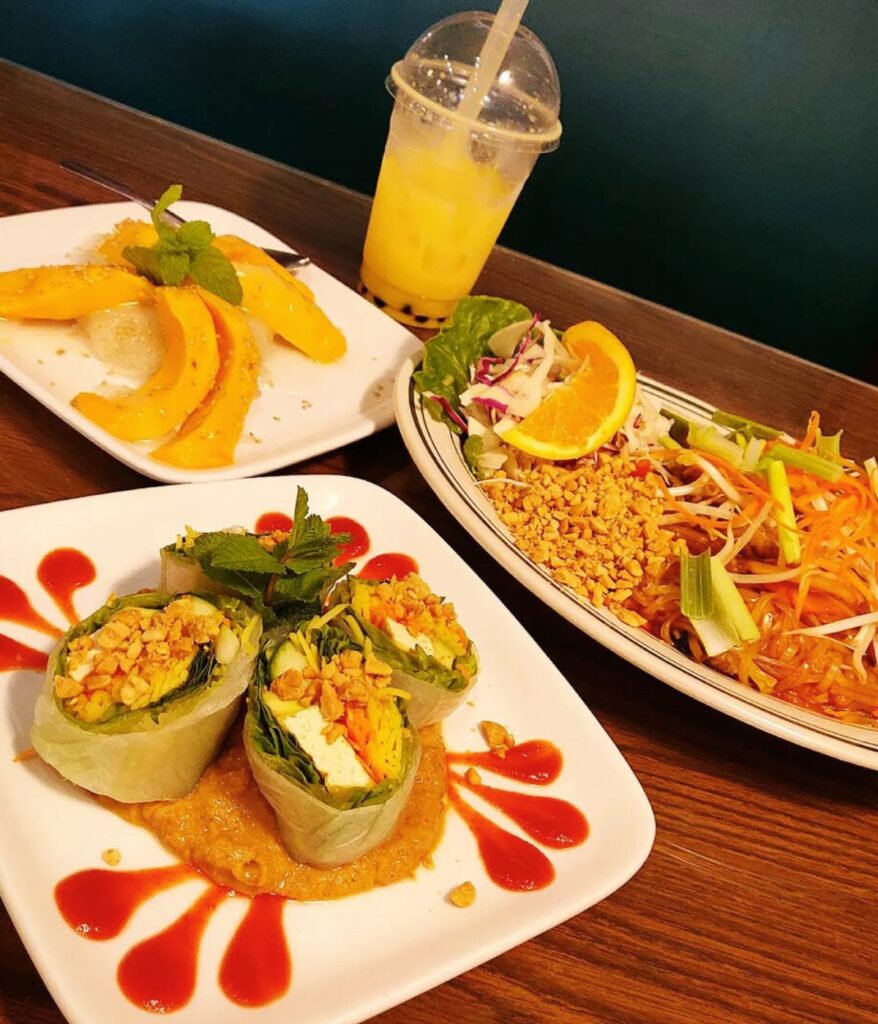 Mango Boba, Spring Rolls and tangy rice noodles at Suwana's Thai Orchid Image by danolivereats